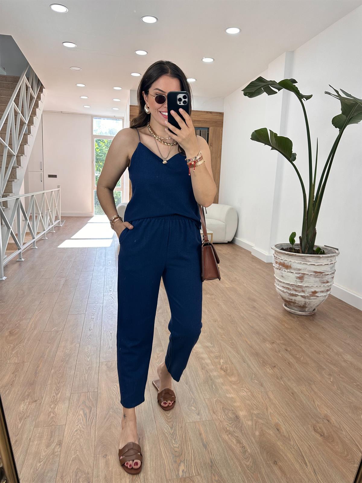 İp Askılı Pamuk Keten Takım-Lacivert