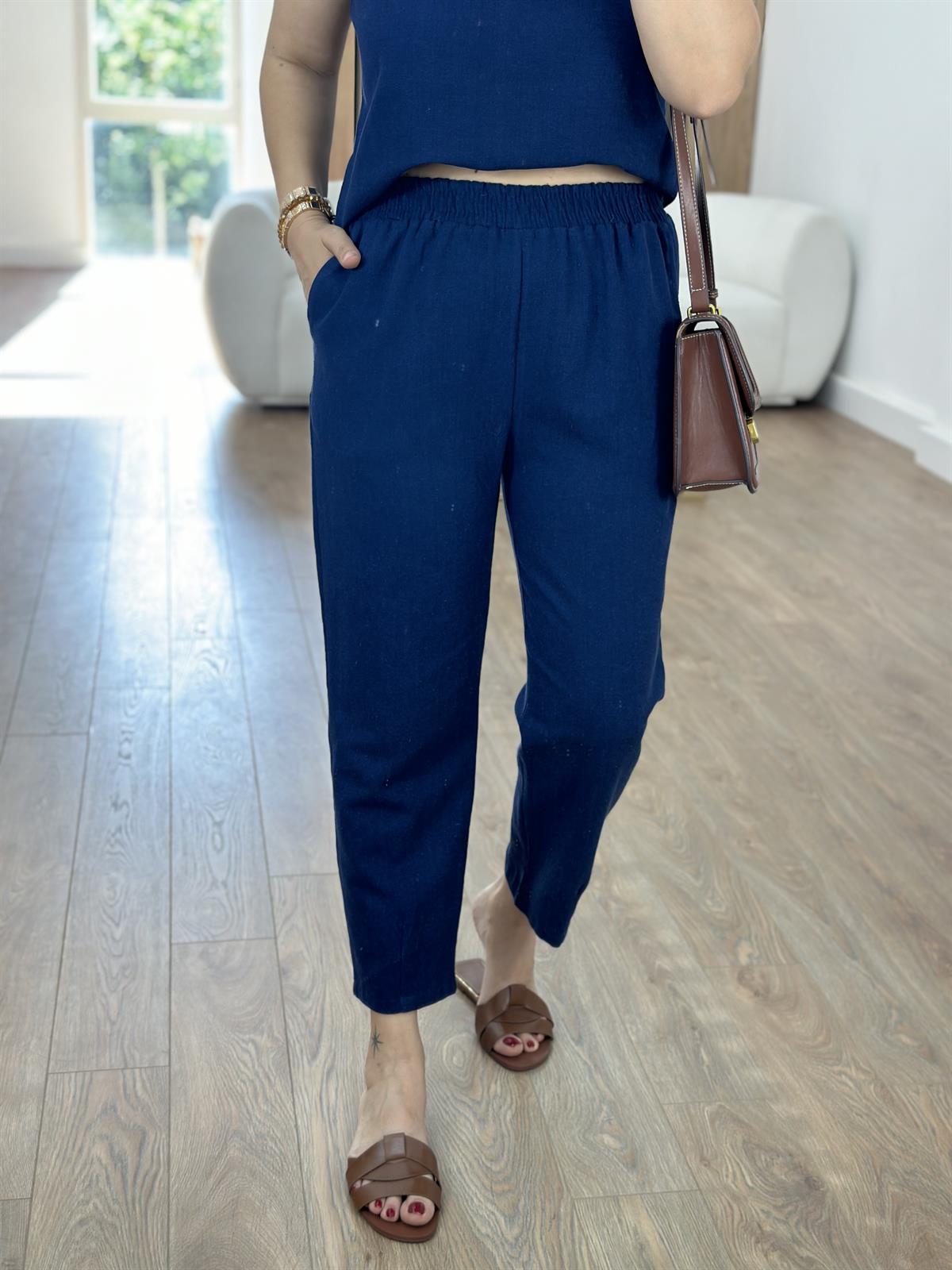 İp Askılı Pamuk Keten Takım-Lacivert