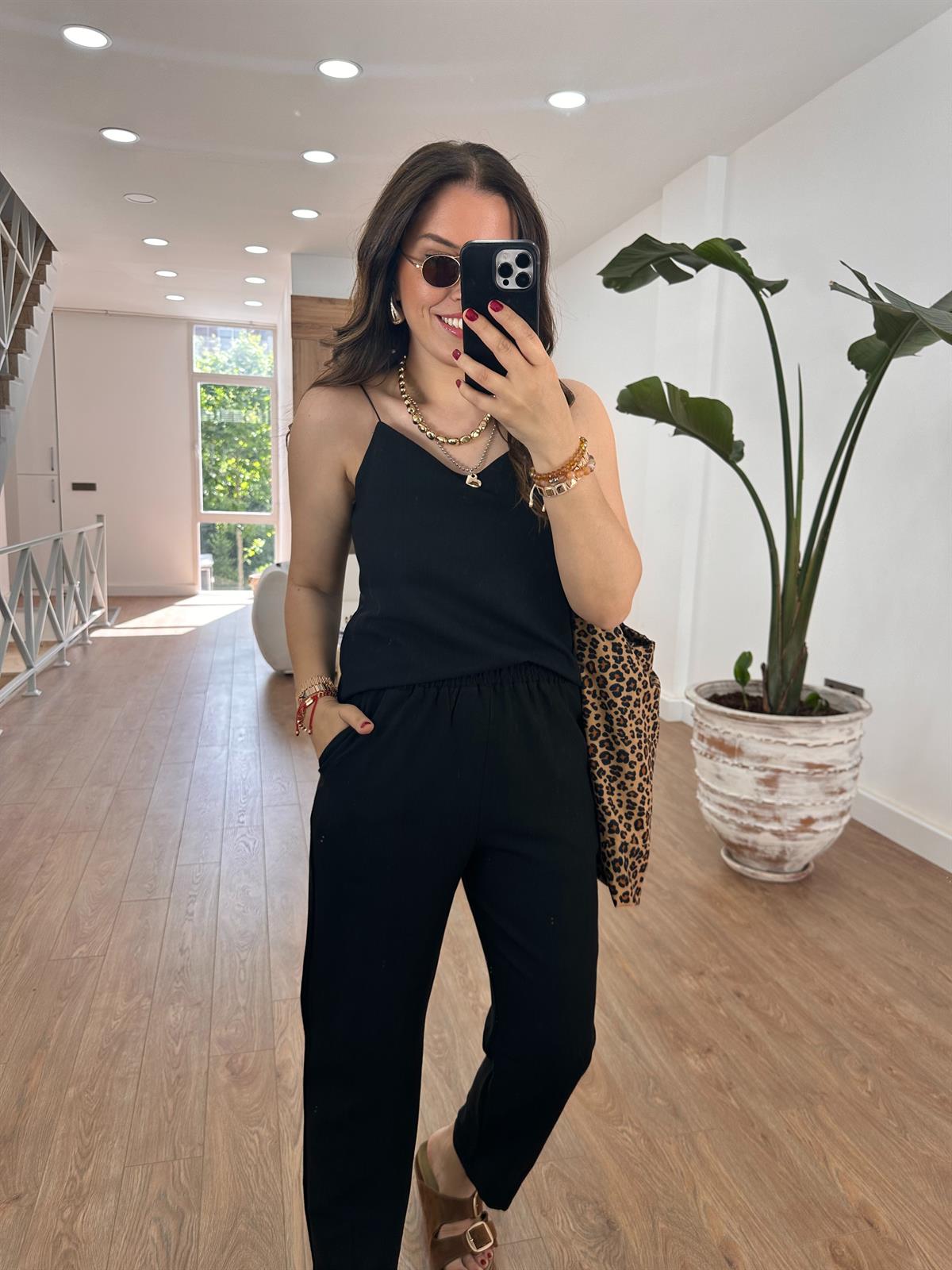 İp Askılı Pamuk Keten Takım-Siyah