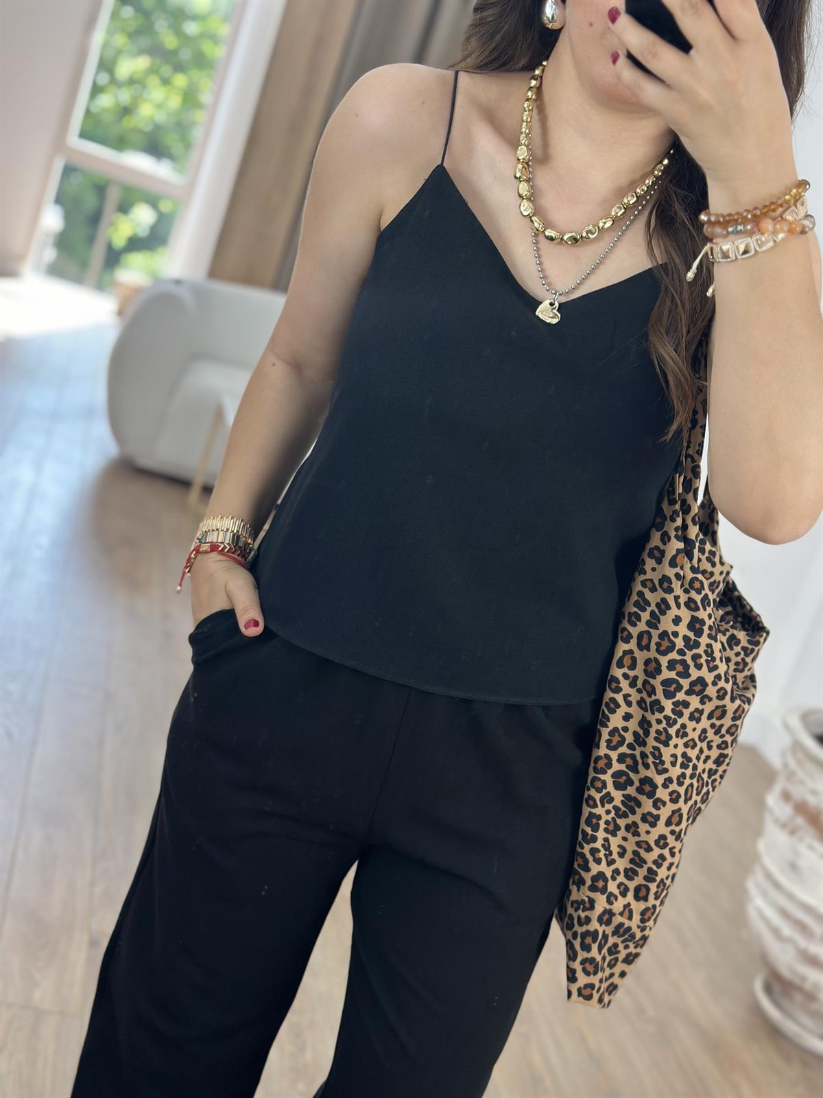 İp Askılı Pamuk Keten Takım-Siyah