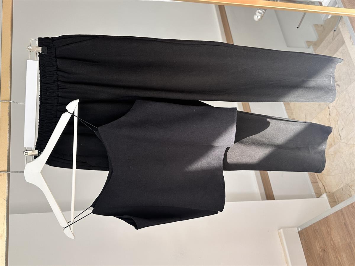 İp Askılı Pamuk Keten Takım-Siyah