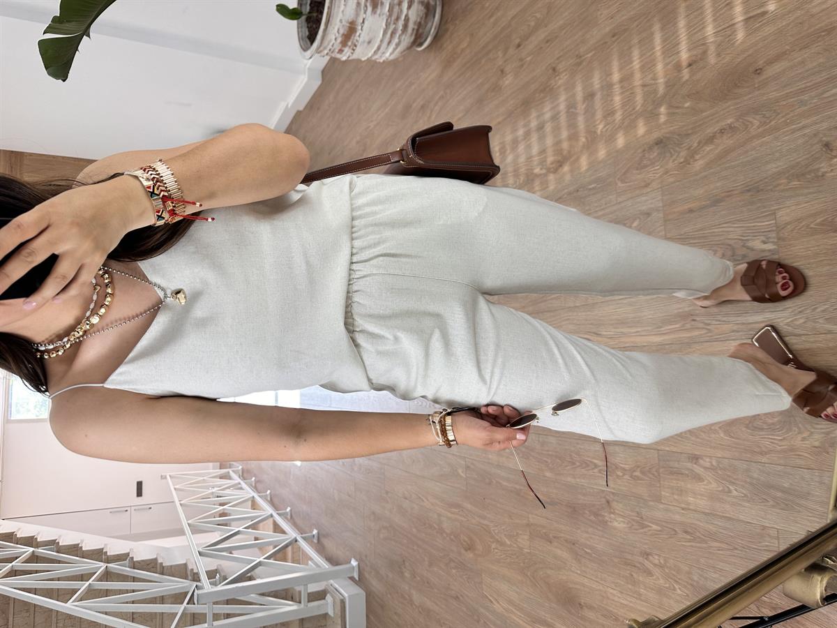 İp Askılı Pamuk Keten Takım-Taş