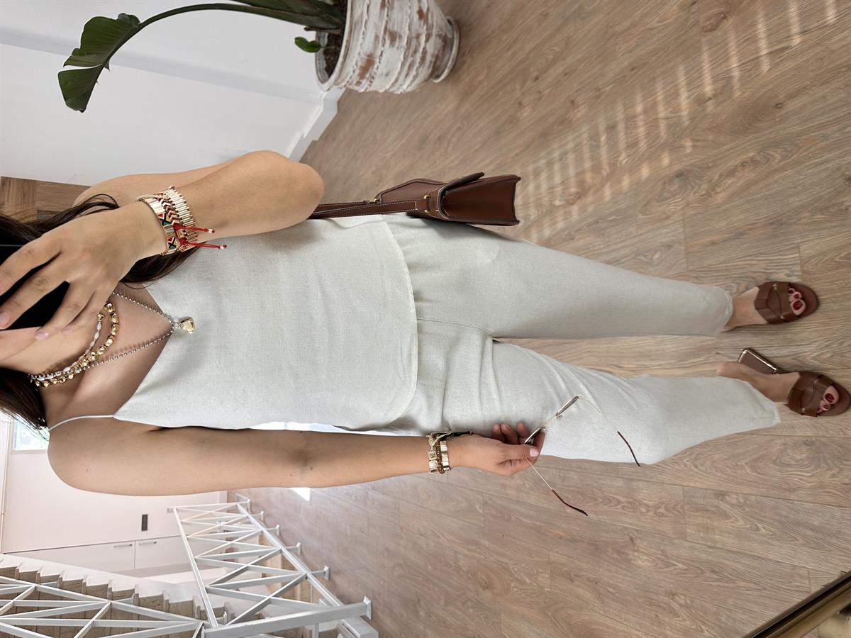 İp Askılı Pamuk Keten Takım-Taş