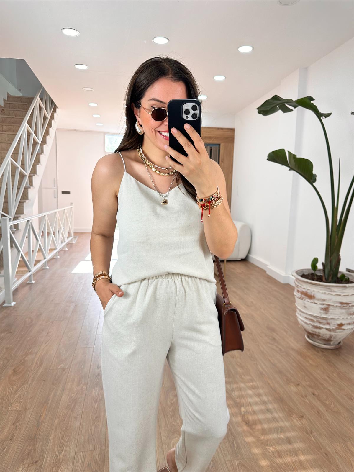 İp Askılı Pamuk Keten Takım-Taş