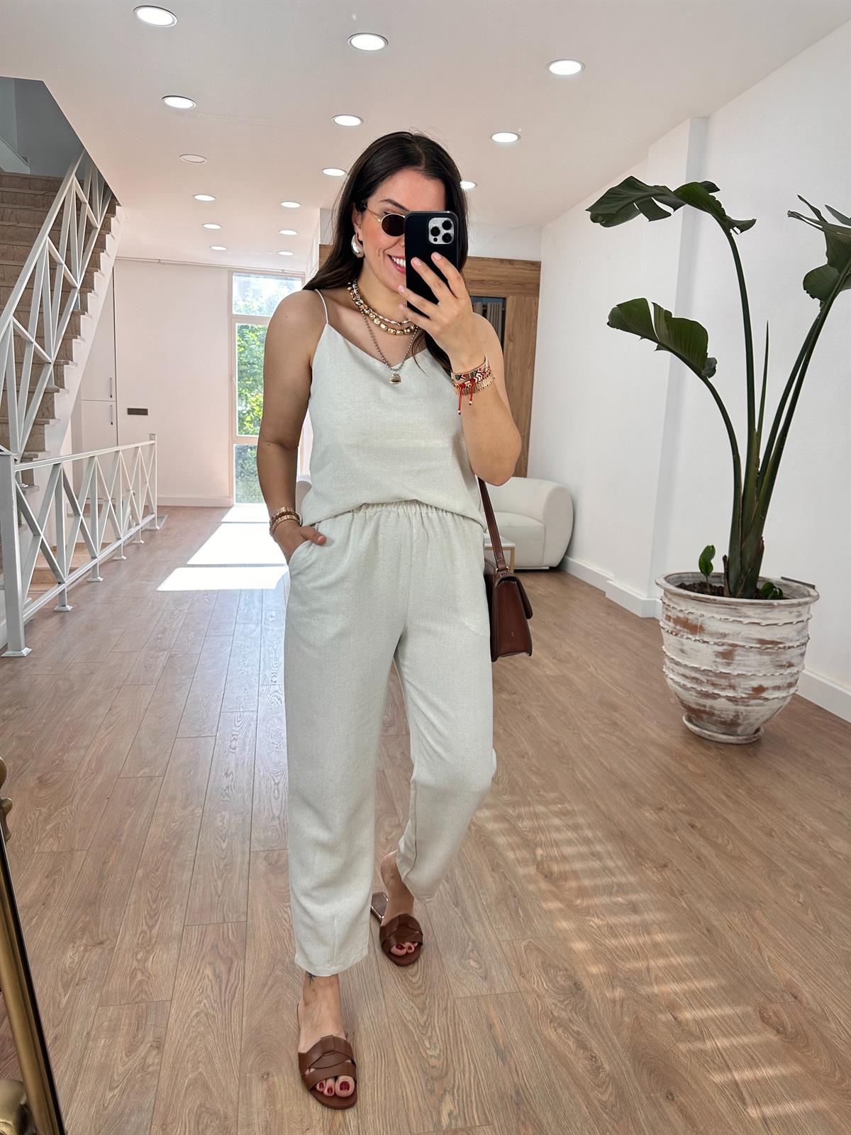 İp Askılı Pamuk Keten Takım-Taş