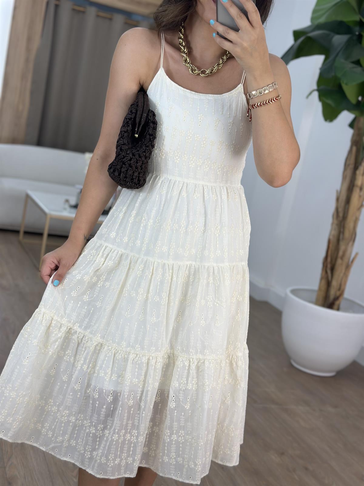 İşlemeli Askılı Midi Elbise 