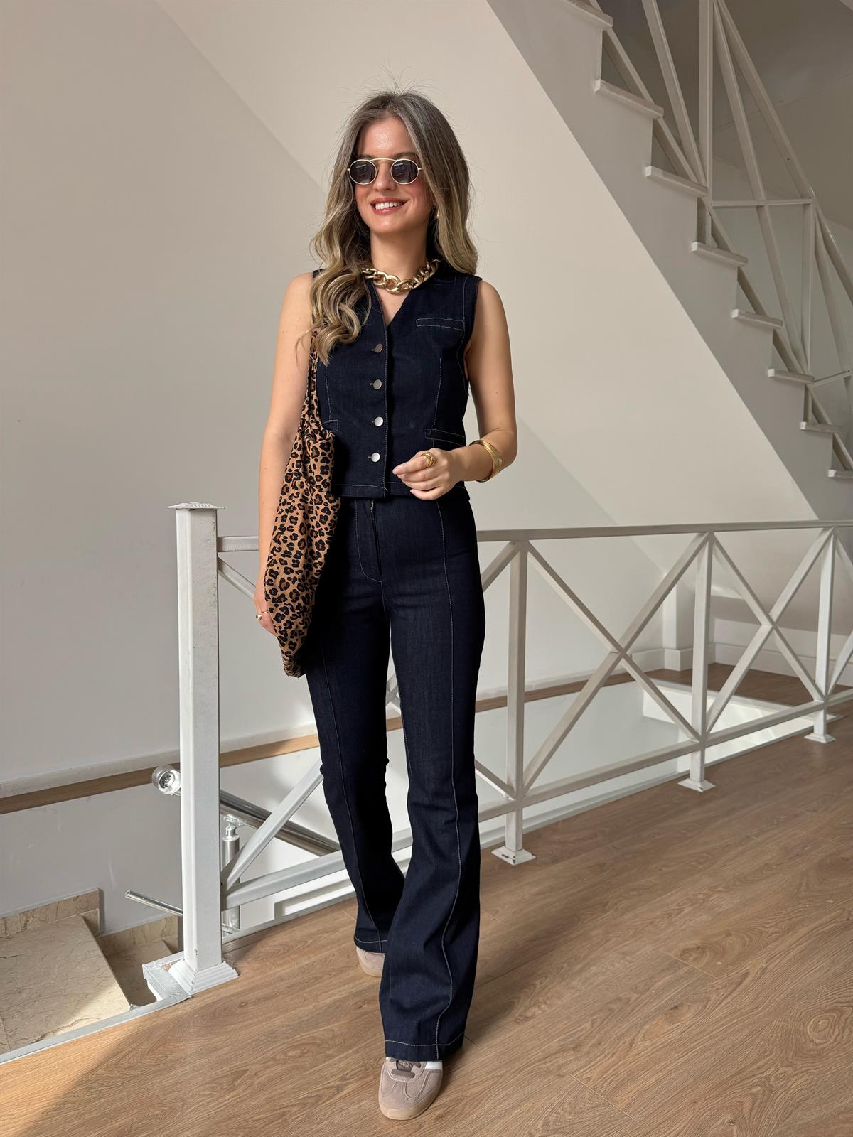 İspanyol Pantolonlu Yelekli Denim Takım