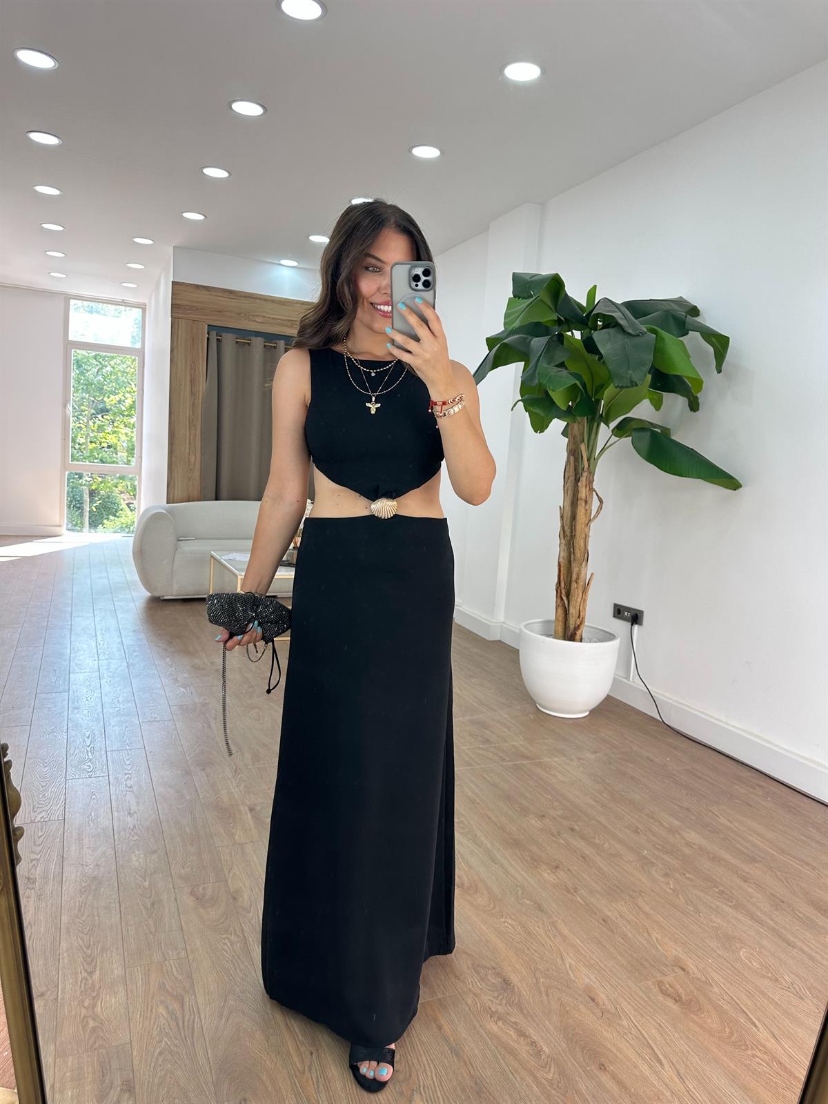 İstiridye Tokalı Bel Dekolteli Elbise