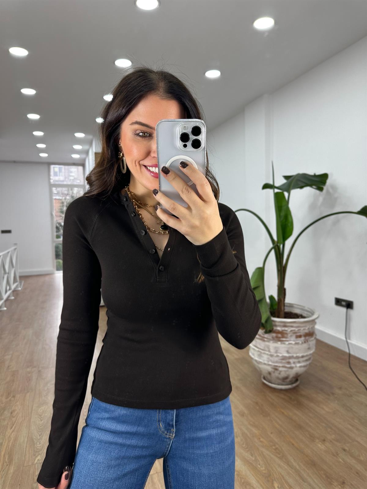 İtalyan Kol Düğmeli Bluz  - Acı Kahve 