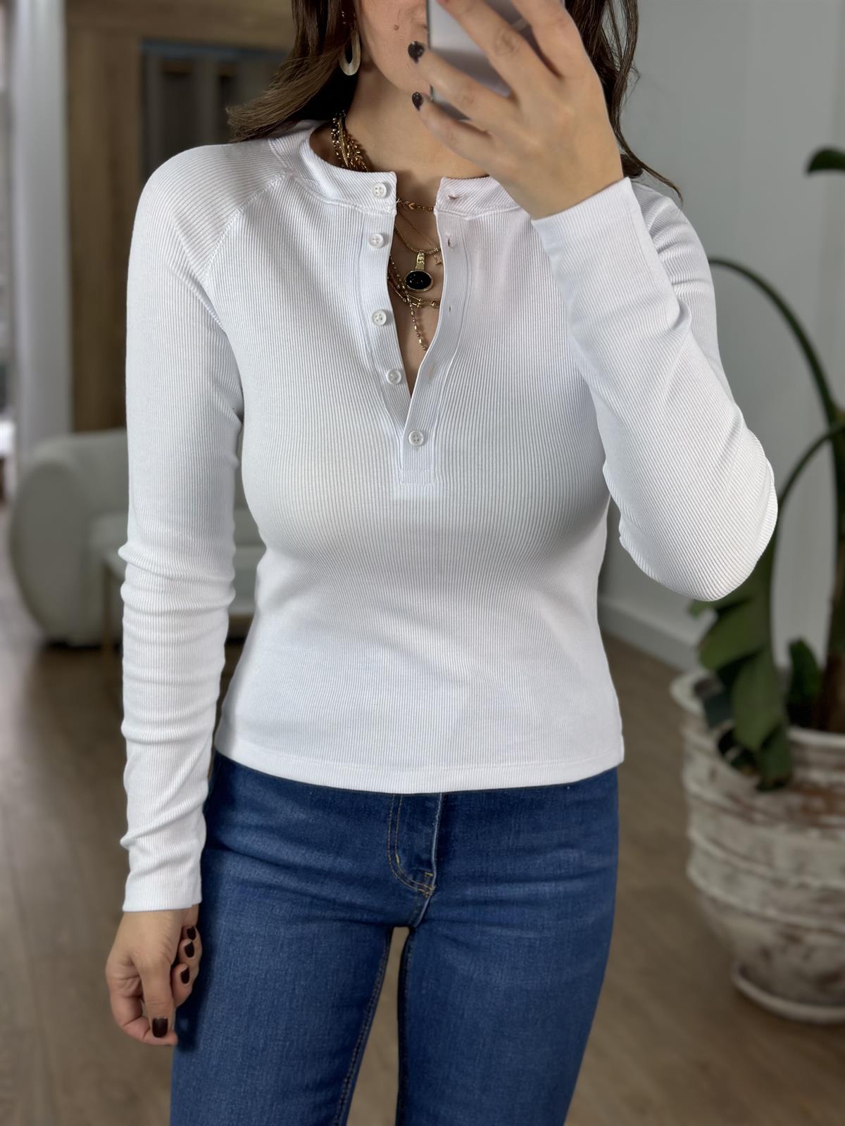 İtalyan Kol Düğmeli Bluz  - Beyaz