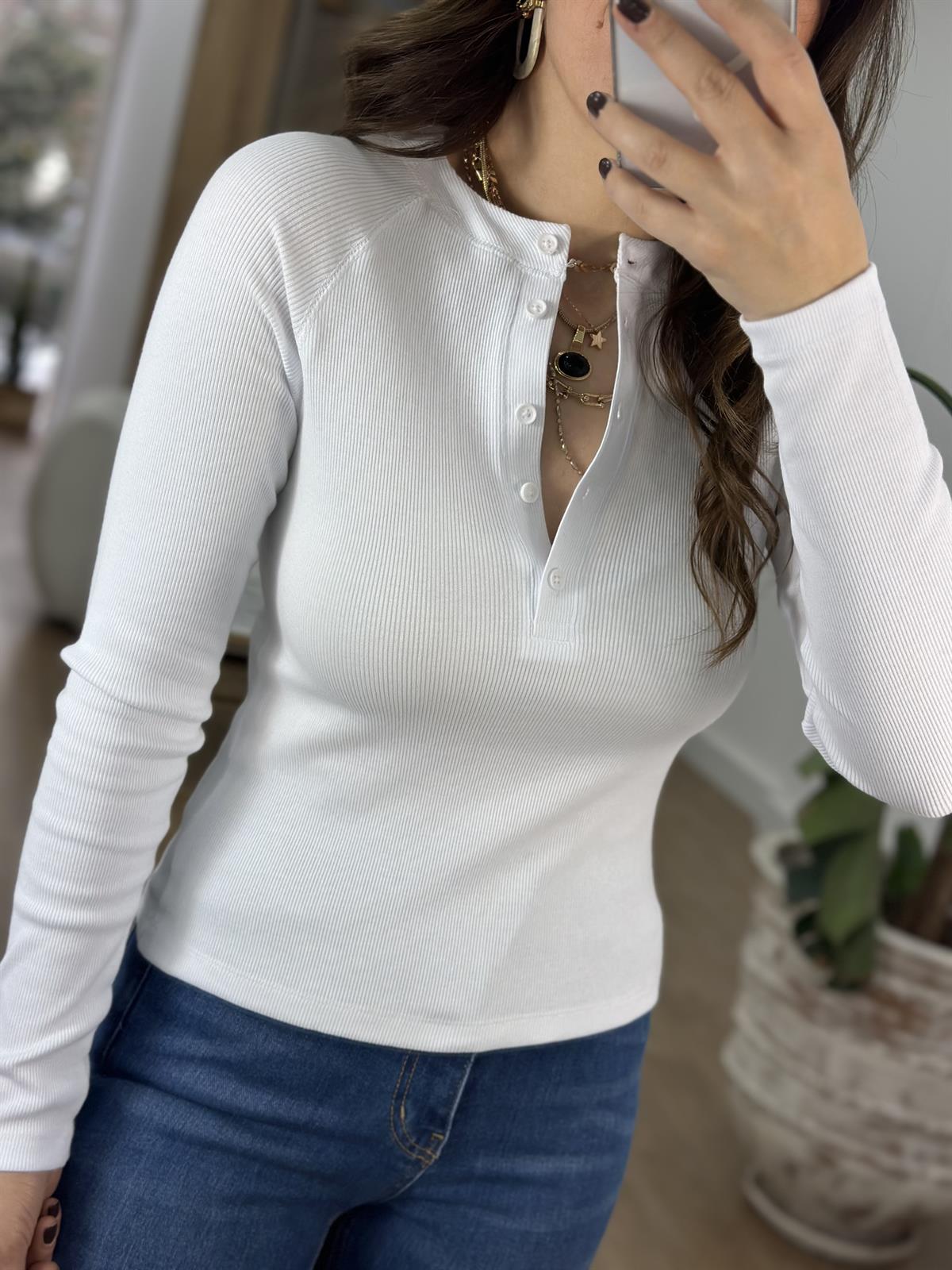 İtalyan Kol Düğmeli Bluz  - Beyaz