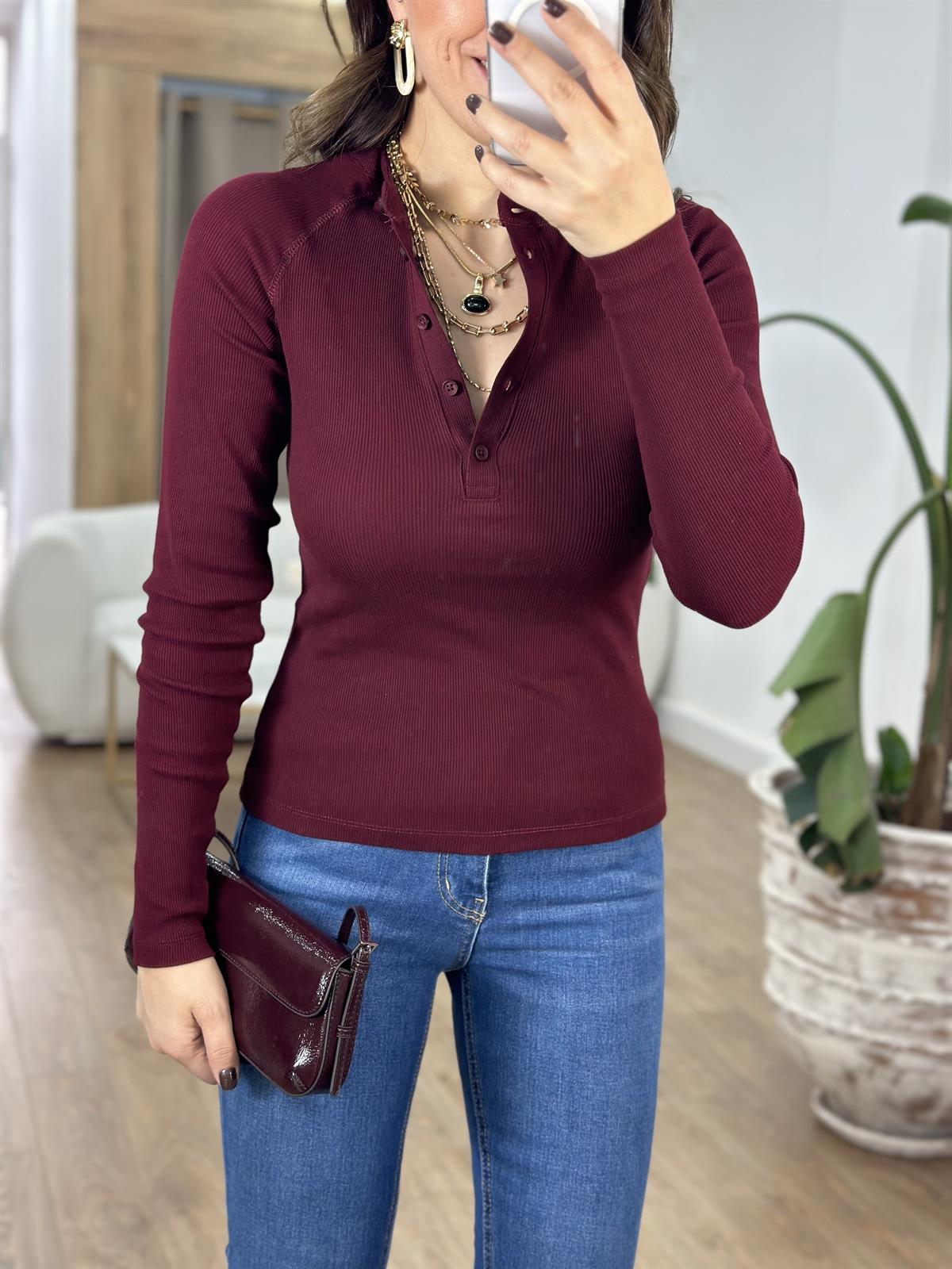 İtalyan Kol Düğmeli Bluz  - Bordo