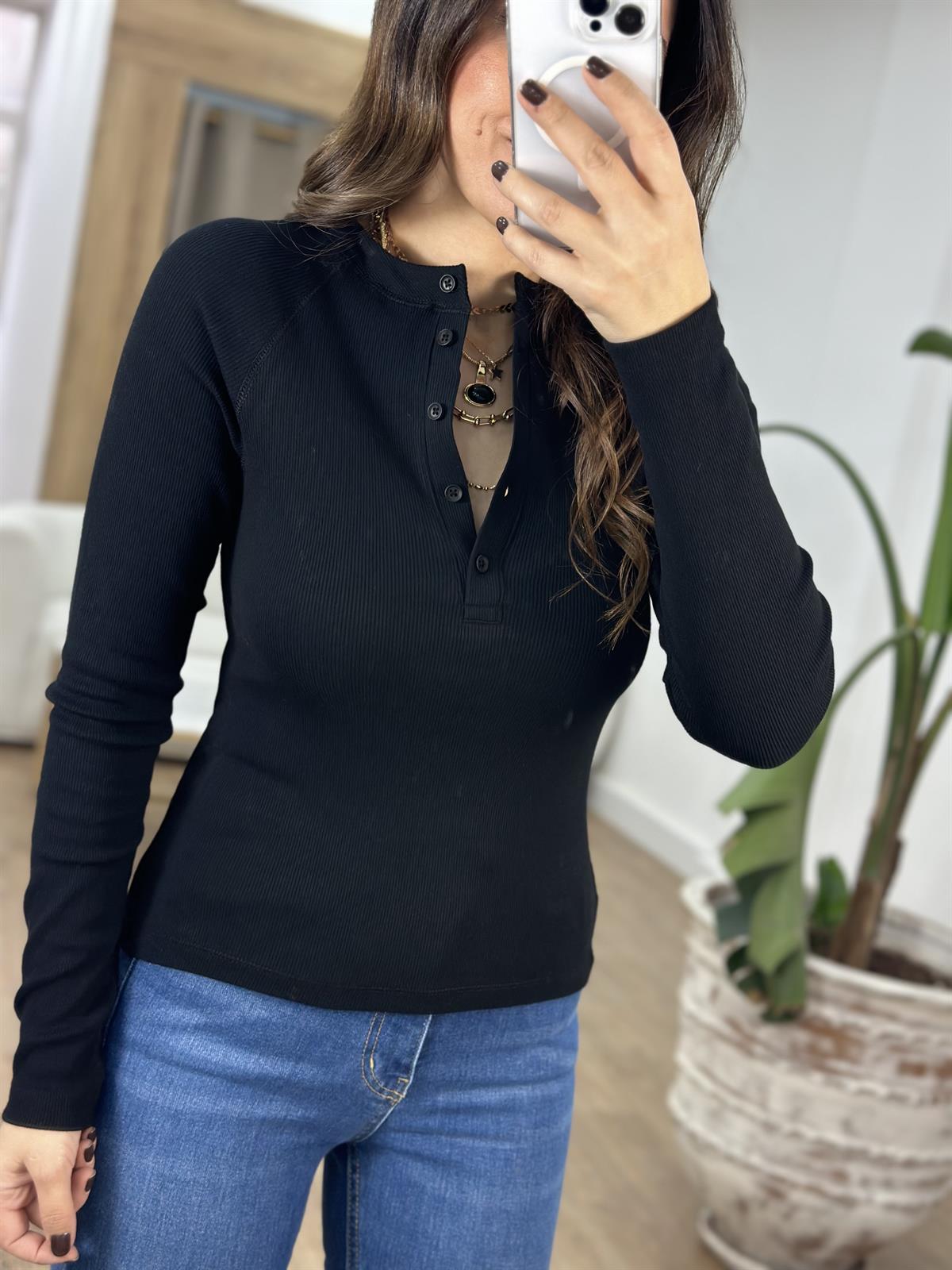 İtalyan Kol Düğmeli Bluz  - Siyah