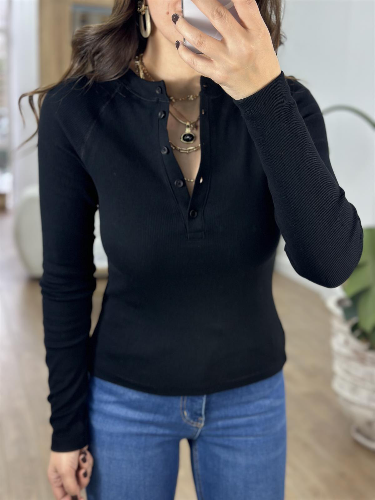 İtalyan Kol Düğmeli Bluz  - Siyah