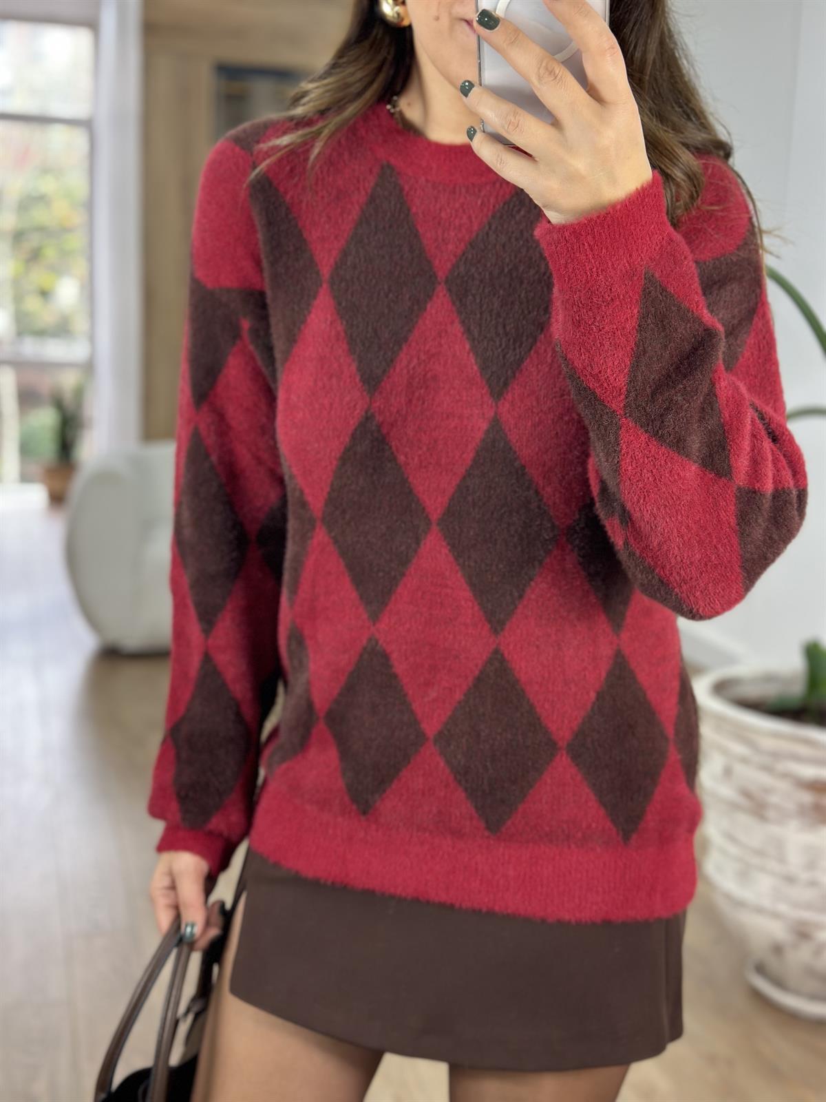 Jakarlı Bisiklet Yaka Triko Kazak - Bordo