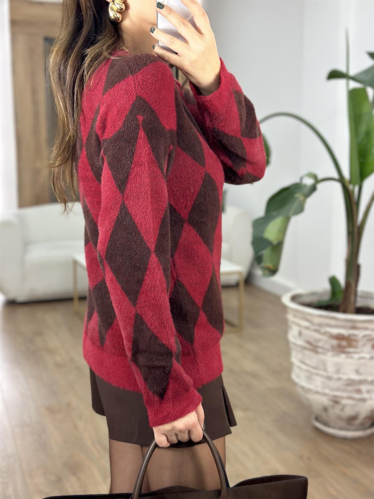 Jakarlı Bisiklet Yaka Triko Kazak - Bordo