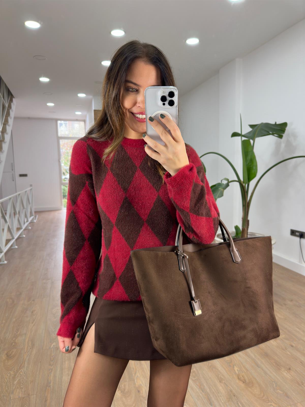 Jakarlı Bisiklet Yaka Triko Kazak - Bordo