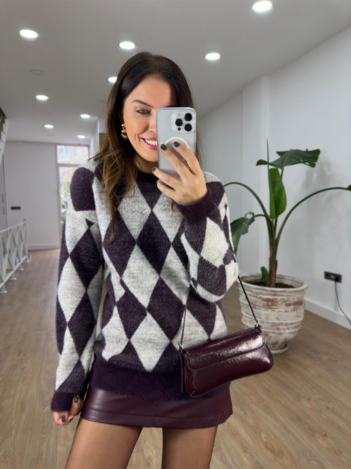 Jakarlı Bisiklet Yaka Triko Kazak - Mürdüm