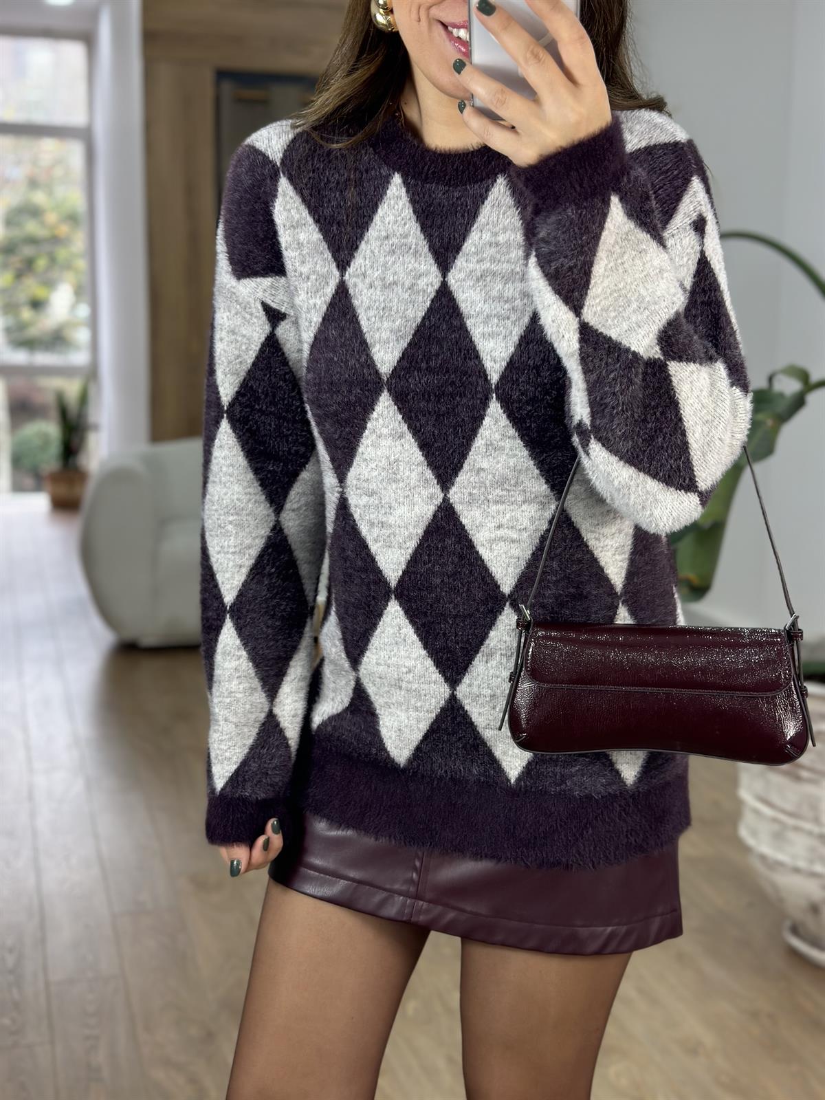 Jakarlı Bisiklet Yaka Triko Kazak - Mürdüm