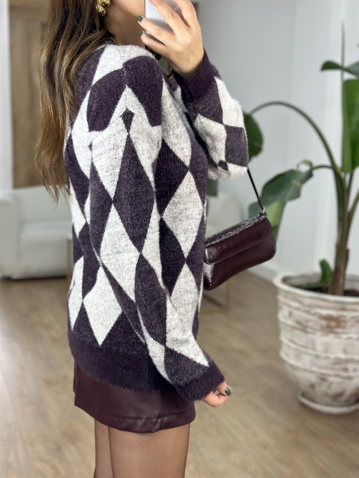 Jakarlı Bisiklet Yaka Triko Kazak - Mürdüm