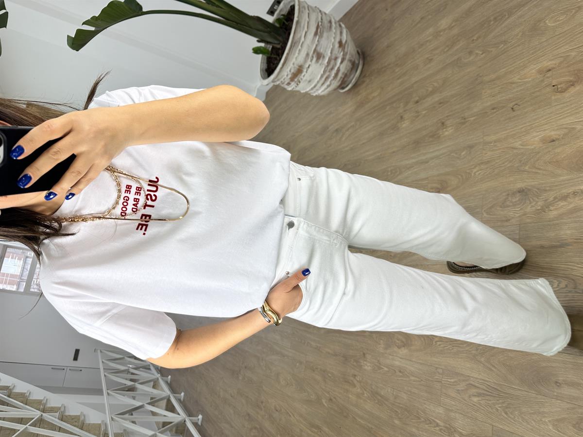 Just Be Baskılı Oversize Tişört-Beyaz