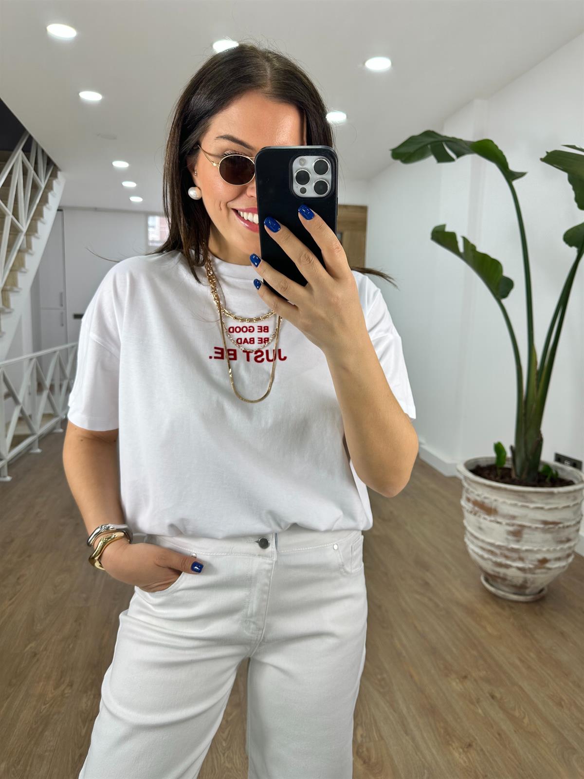 Just Be Baskılı Oversize Tişört-Beyaz