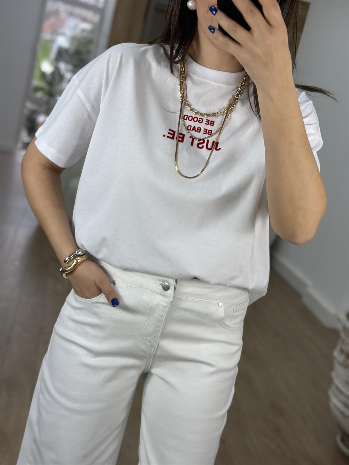 Just Be Baskılı Oversize Tişört-Beyaz