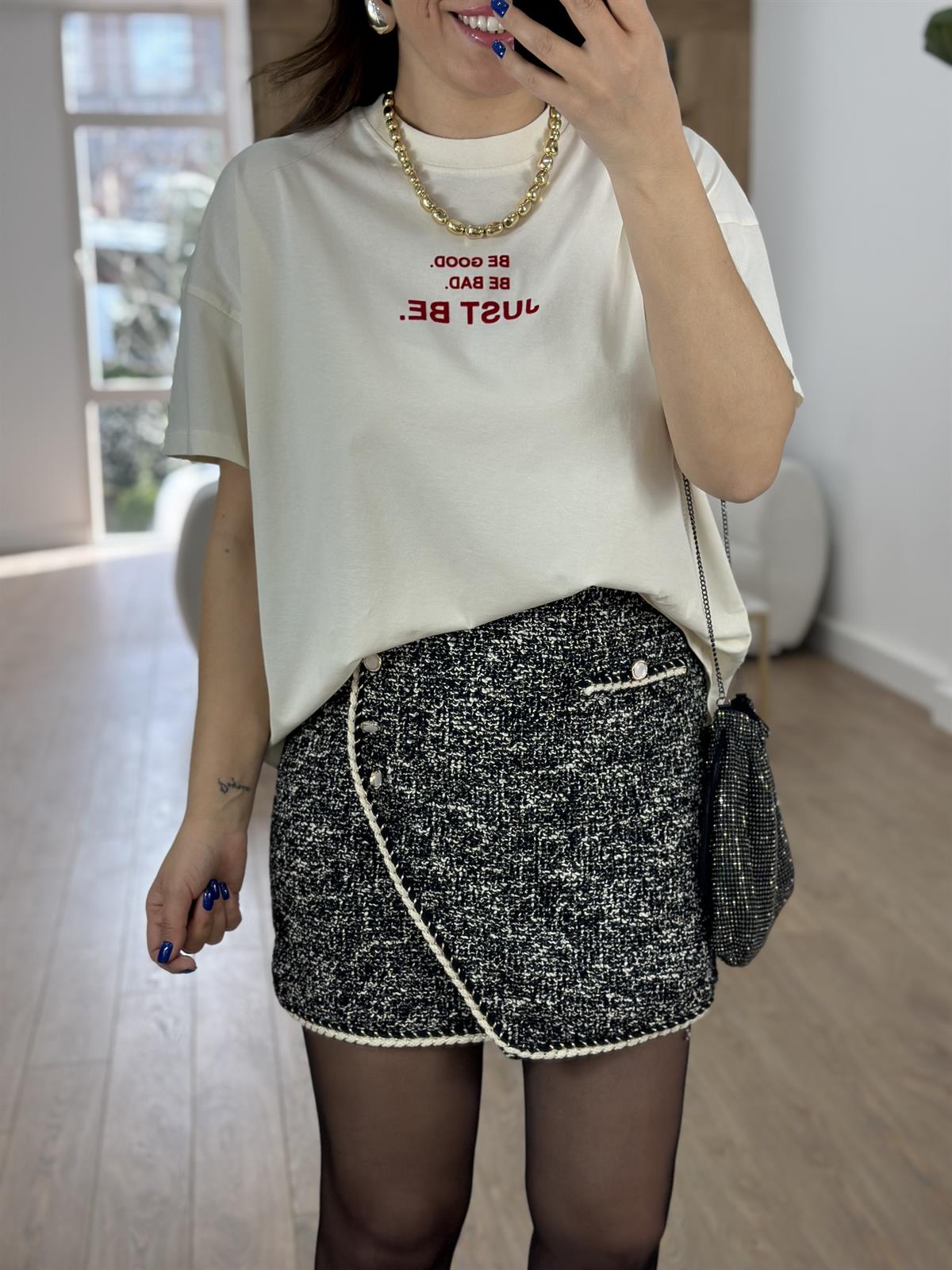 Just Be Baskılı Oversize Tişört-Ekru