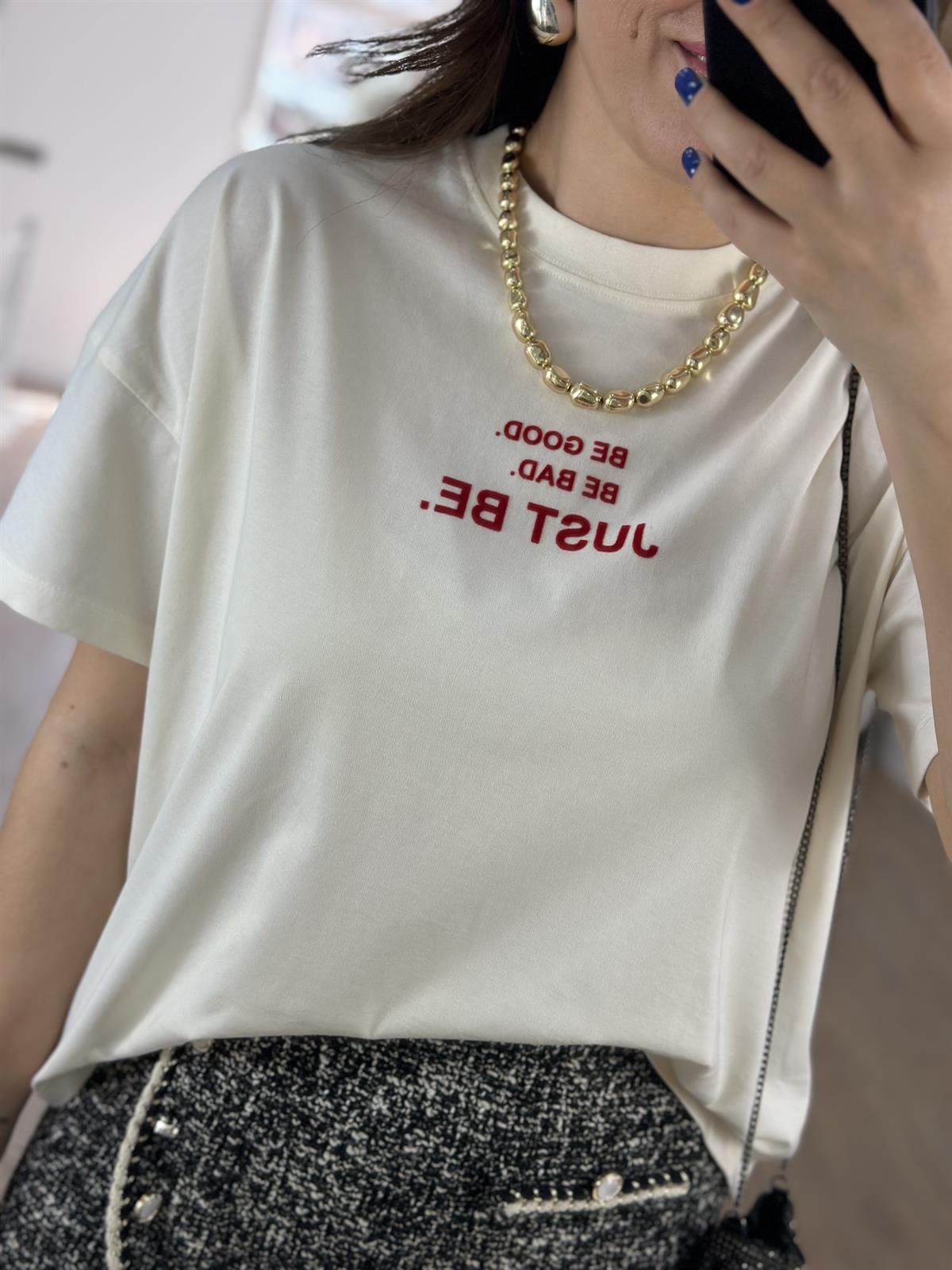 Just Be Baskılı Oversize Tişört-Ekru