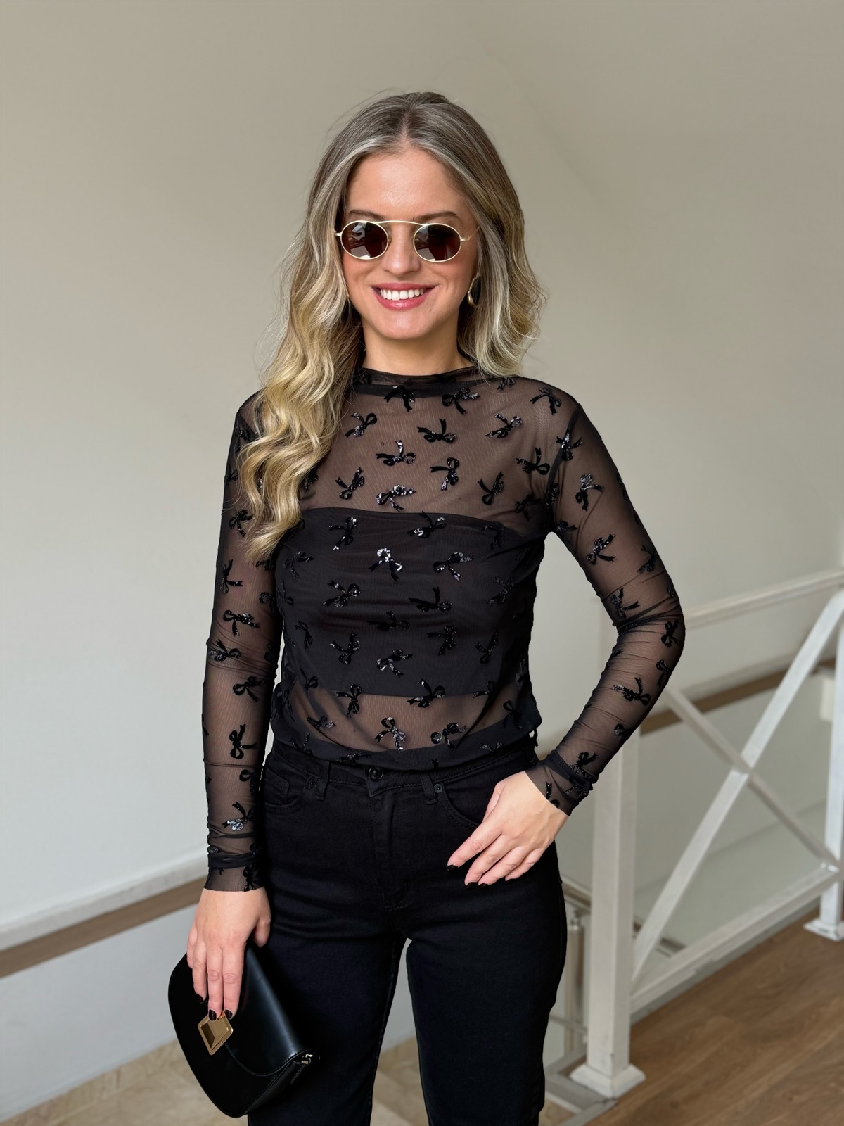 Kadife Fiyonk Desen Simli Bluz