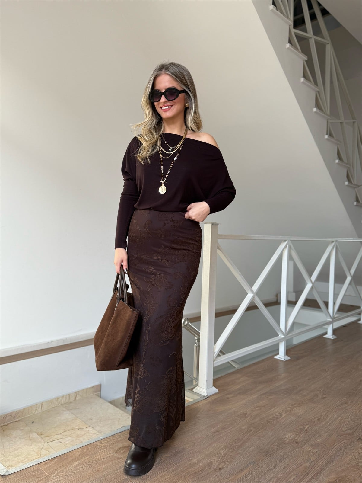 Kadife Kabartma Şal Desenli Astarlı Maxi Etek - Kahverengi