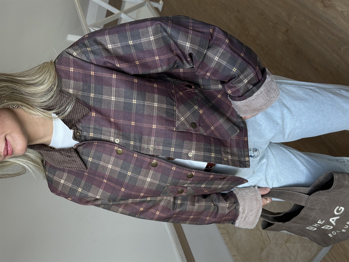 Kadife Yaka İçi Kürklü Ekoseli Ceket - Bordo