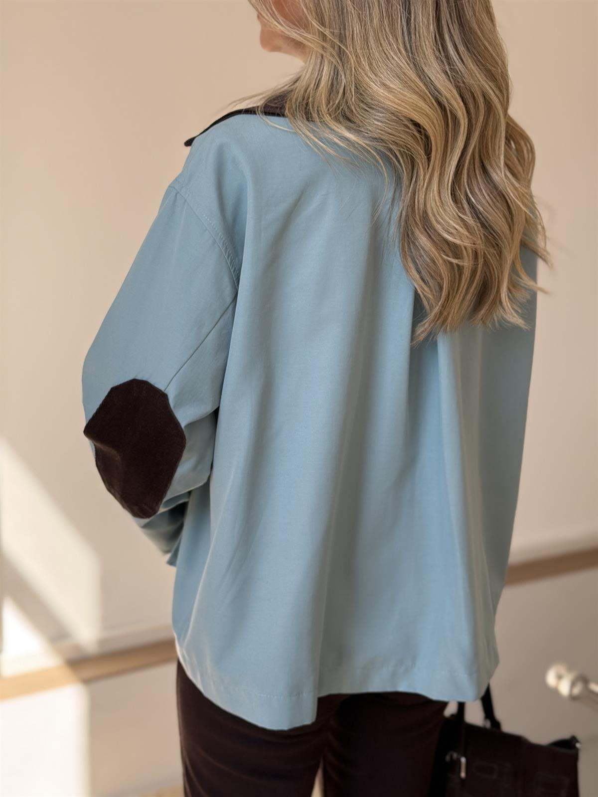 Kadife Yakalı Tasarım Trençkot - Mavi