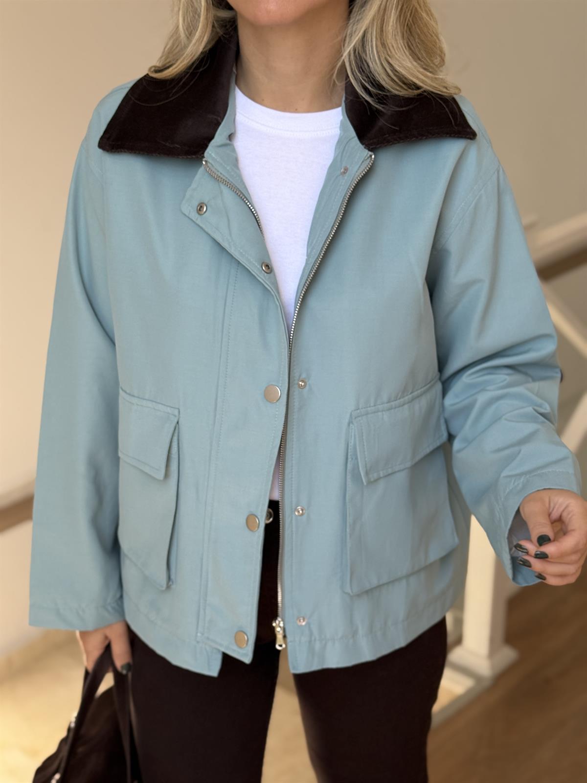 Kadife Yakalı Tasarım Trençkot - Mavi