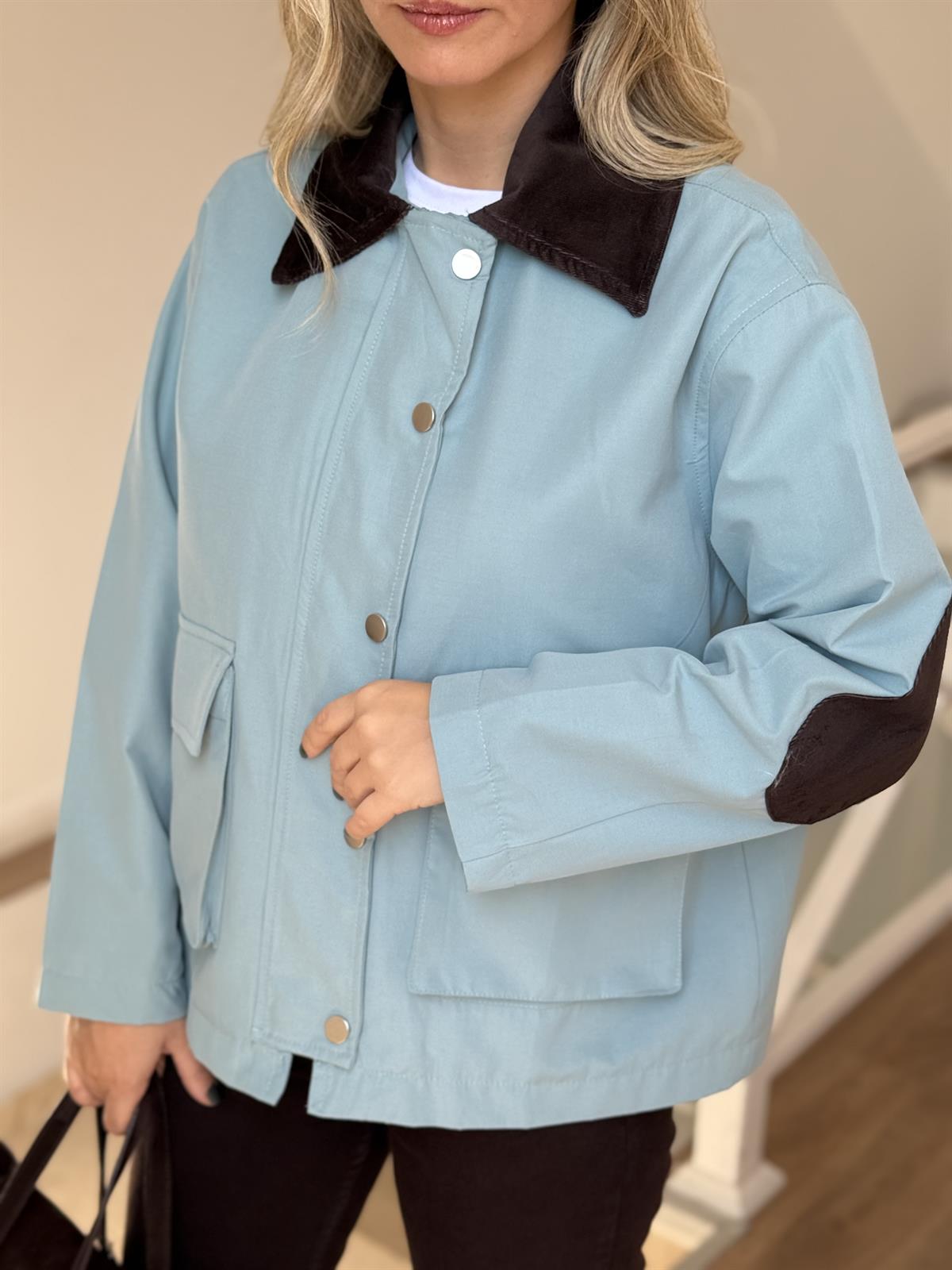 Kadife Yakalı Tasarım Trençkot - Mavi