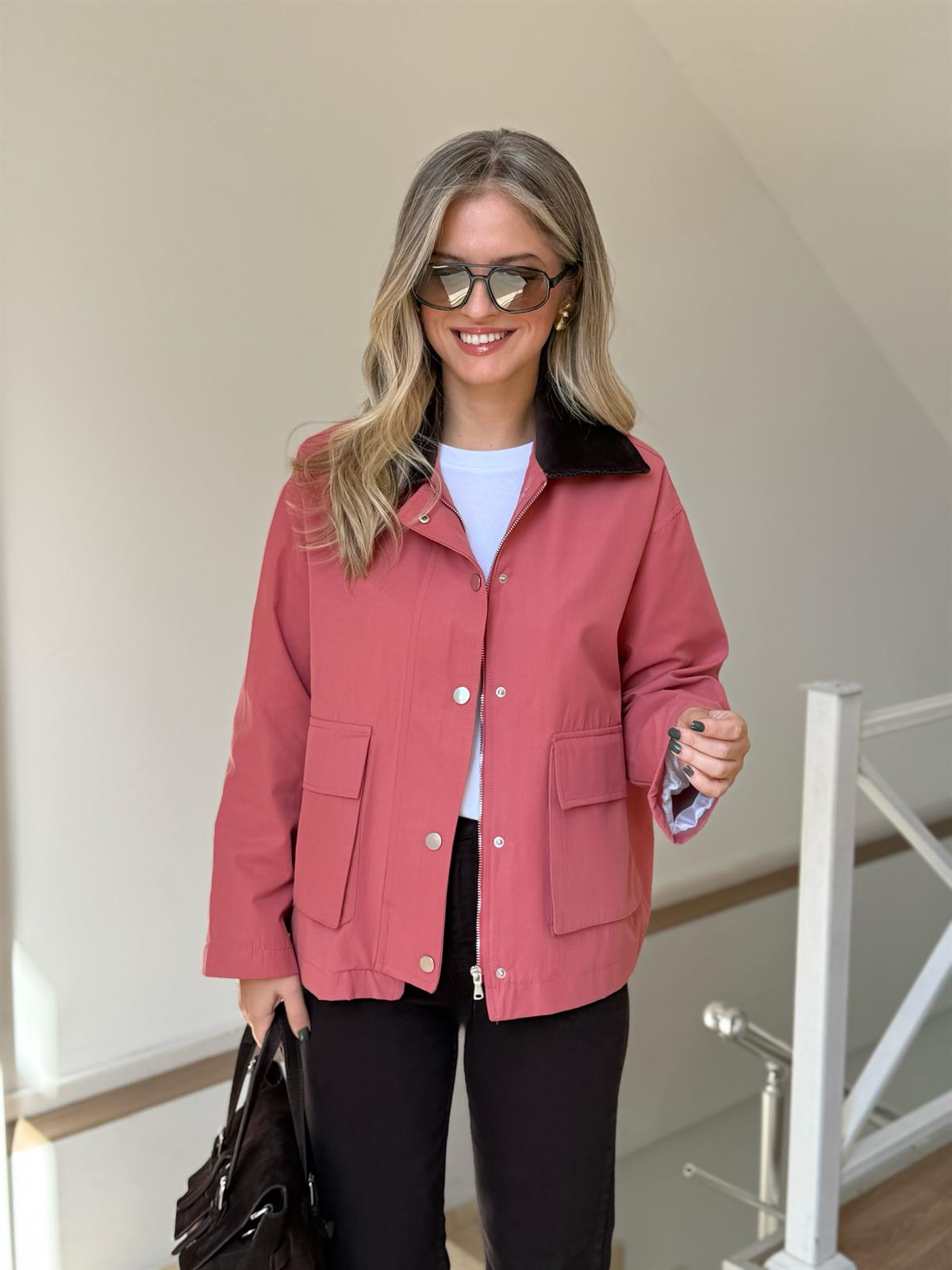 Kadife Yakalı Tasarım Trençkot - Somon