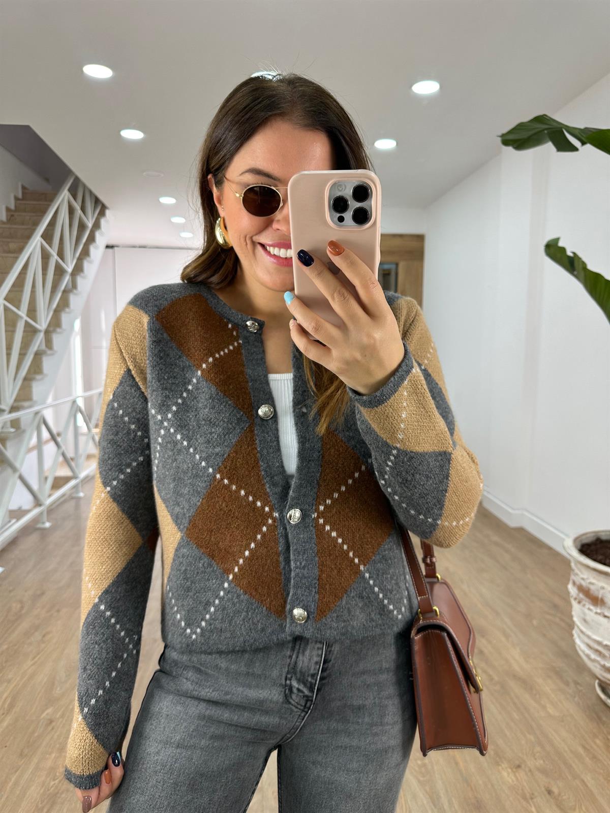 Kahverengi Baklava Desenli Hırka