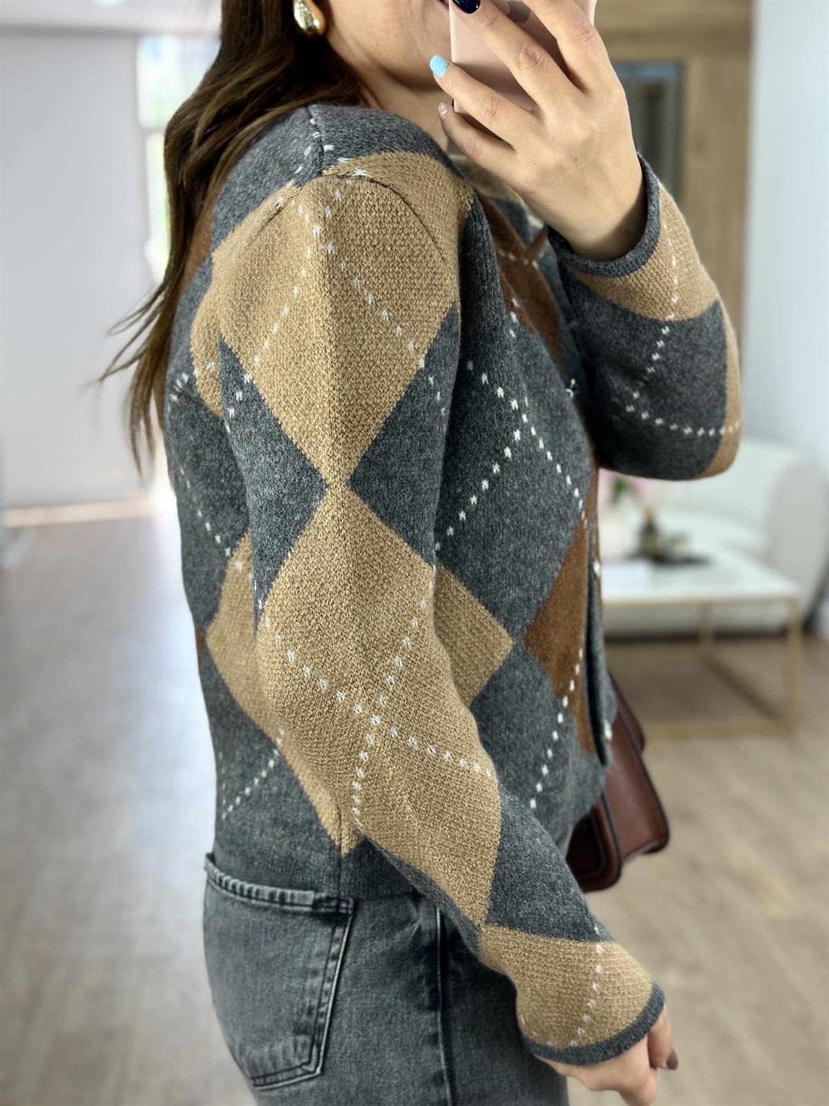 Kahverengi Baklava Desenli Hırka