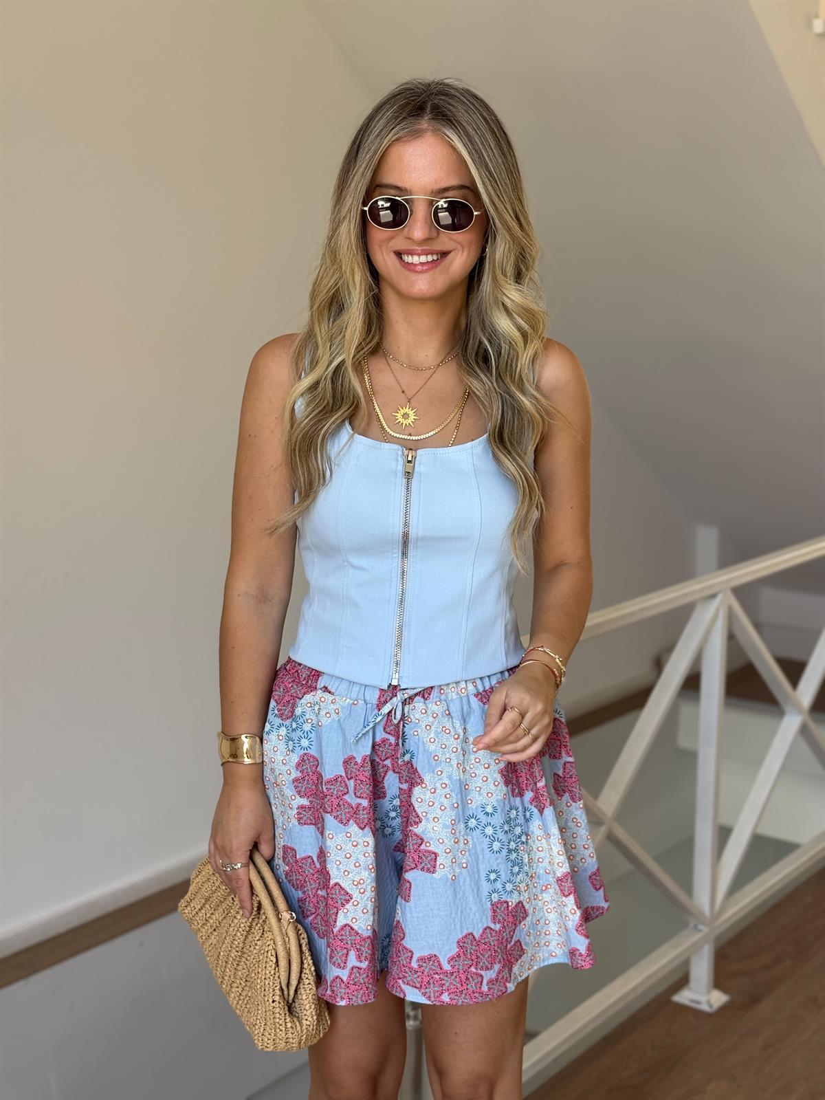 Kalın Askılı Fermuarlı Bluz - Mavi