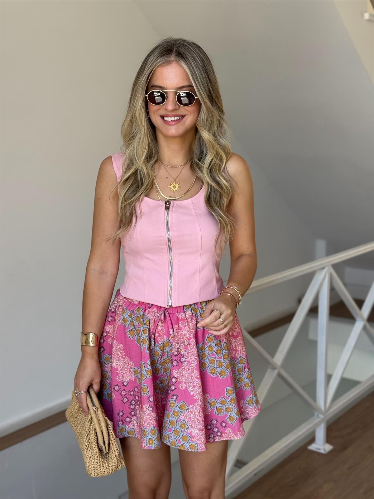 Kalın Askılı Fermuarlı Bluz - Pembe