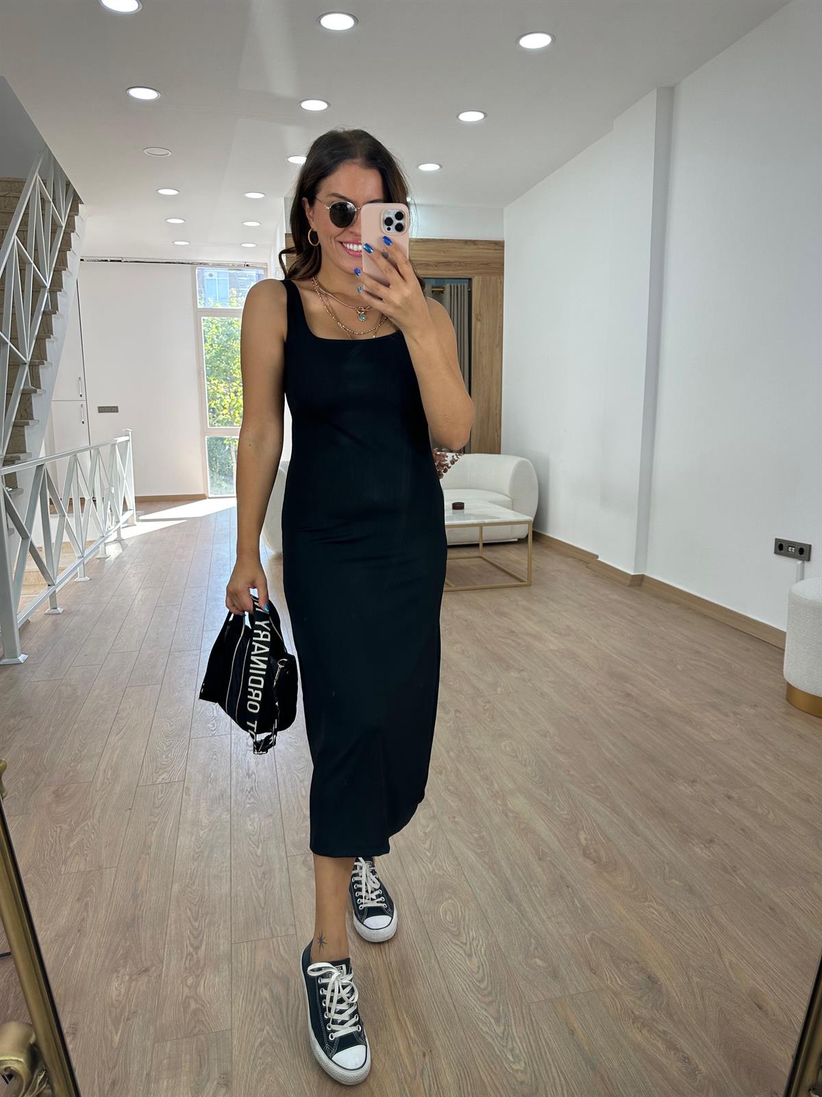 Kalın Askılı Fitilli Basic Elbise