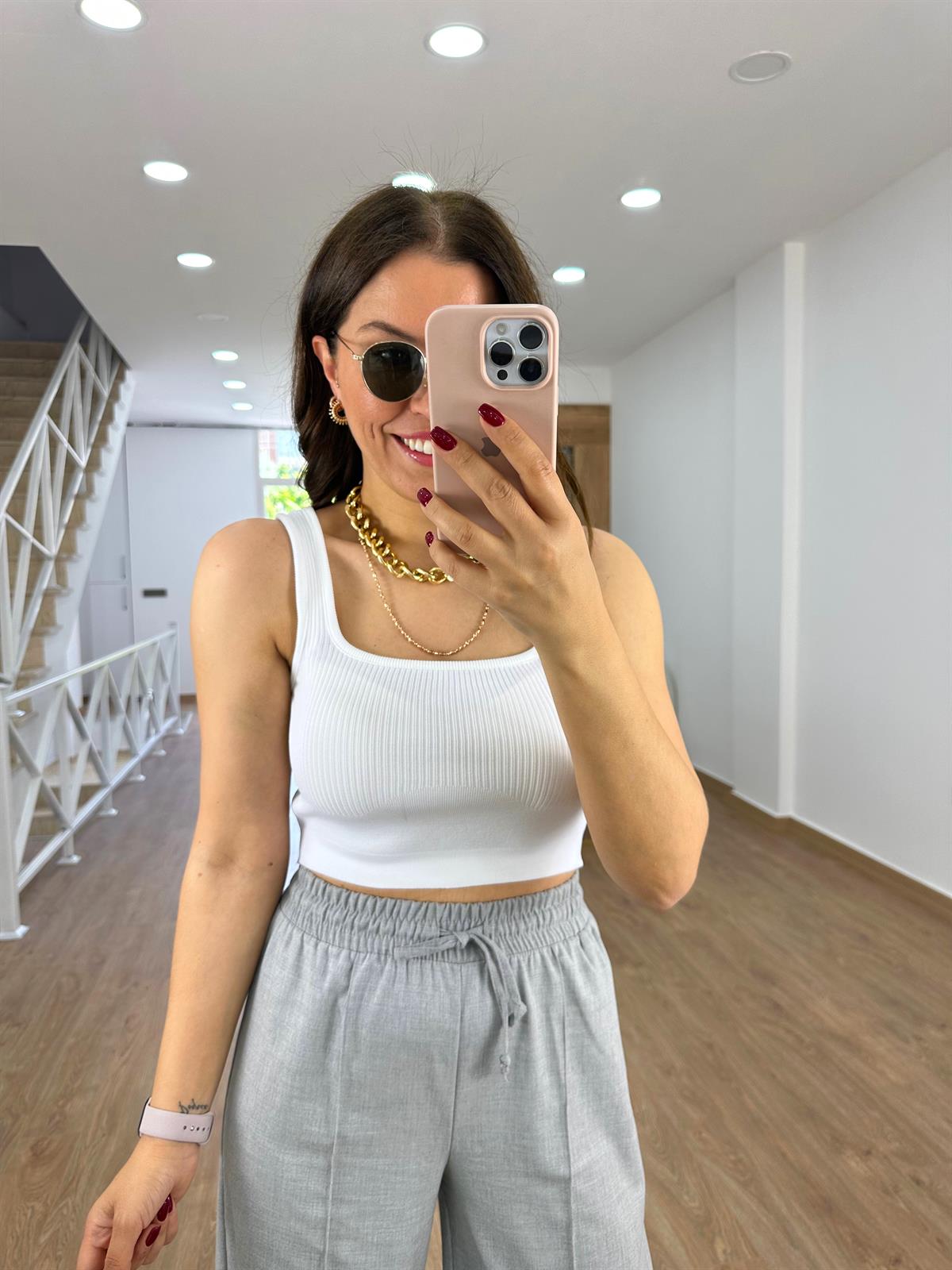 Kalın Askılı Fitilli Crop-Ekru