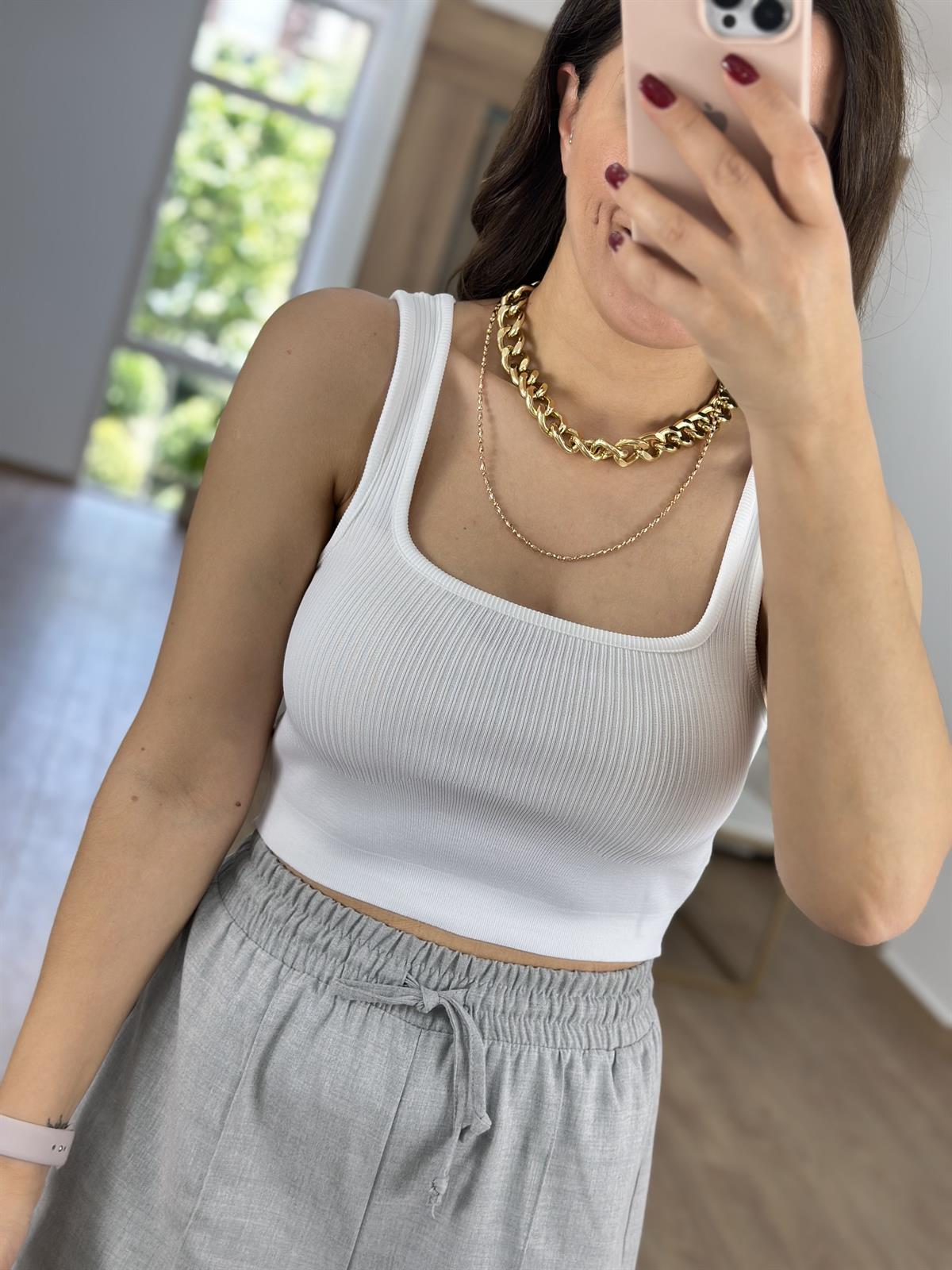 Kalın Askılı Fitilli Crop-Ekru