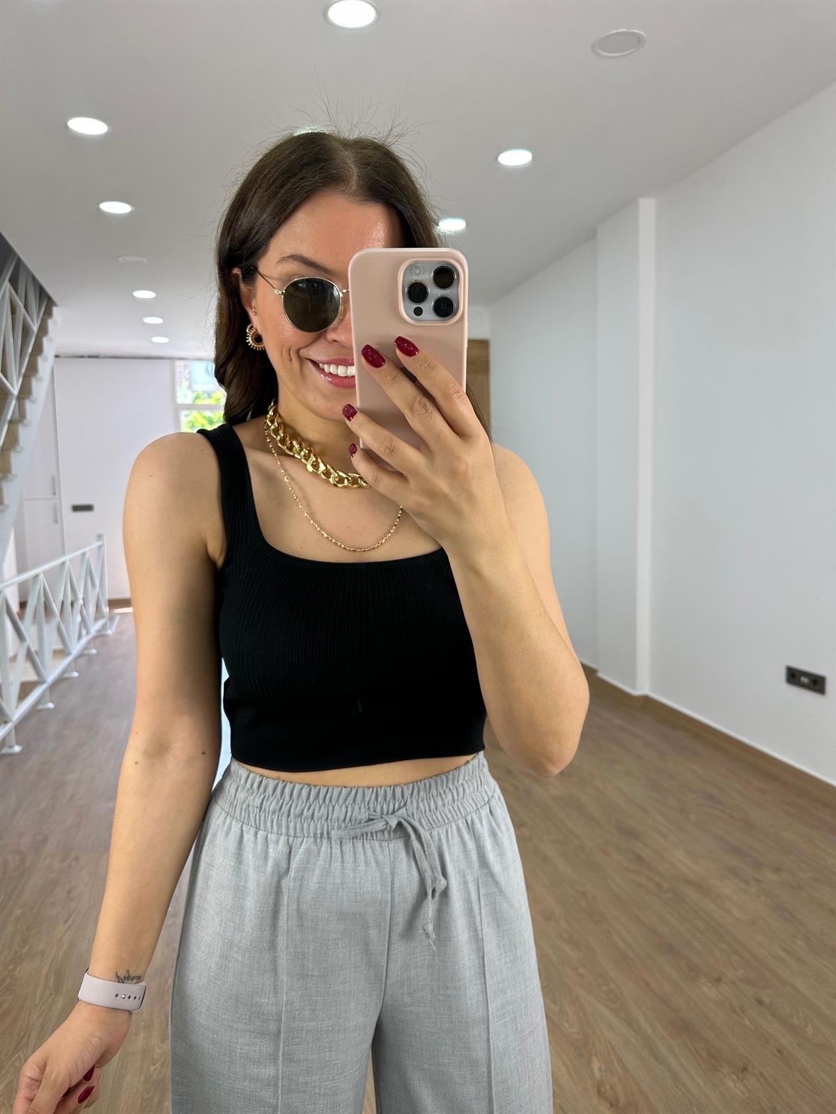 Kalın Askılı Fitilli Crop-Siyah