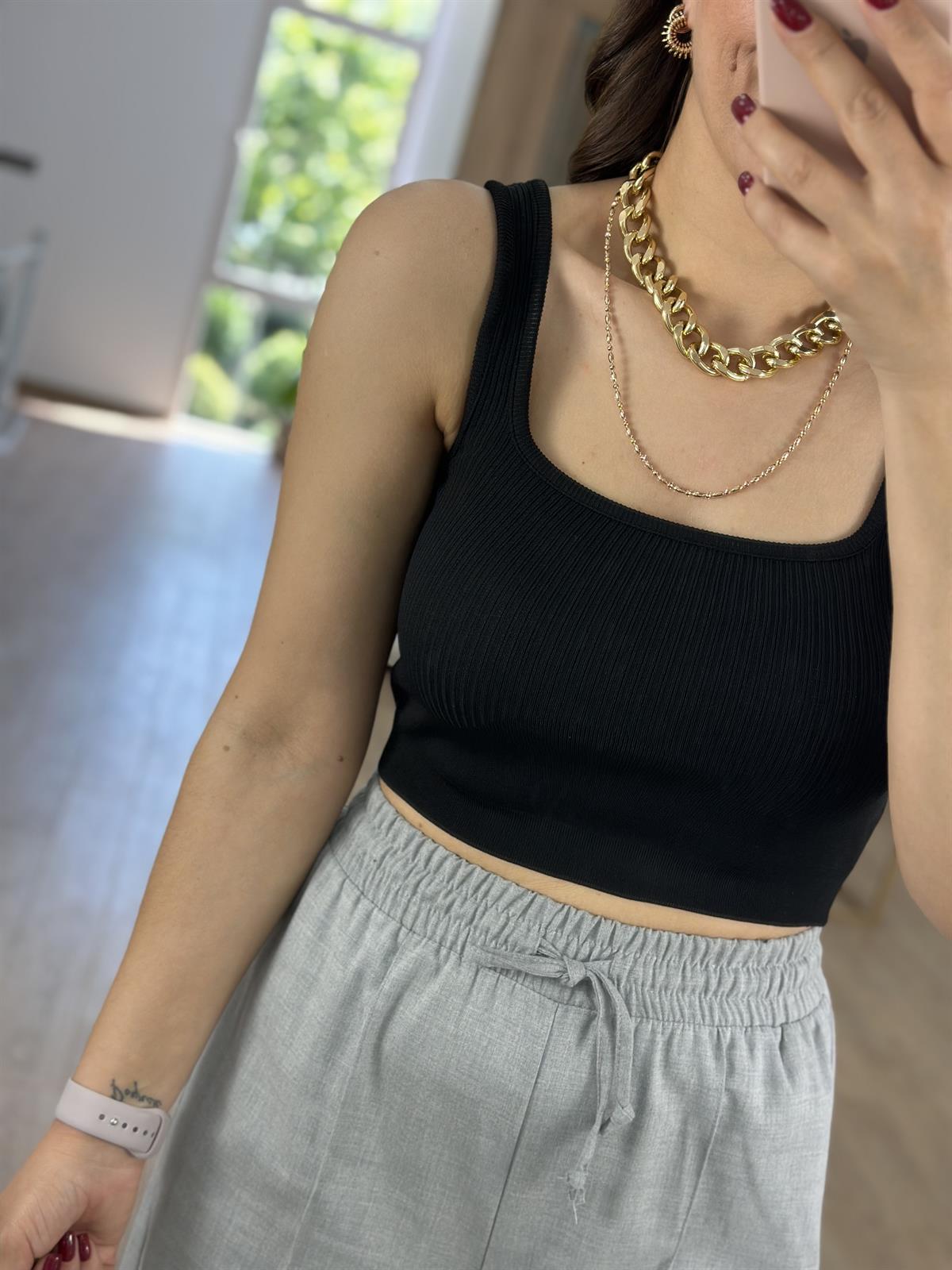 Kalın Askılı Fitilli Crop-Siyah