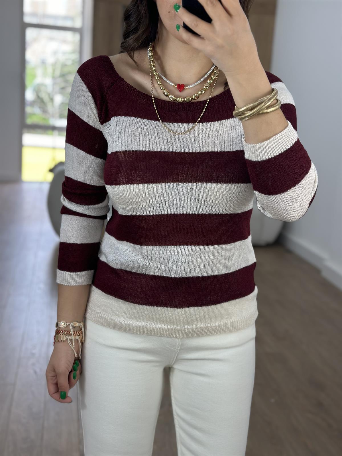 Kalın Çizgili Kayık Kaya Merserize Triko-Bordo