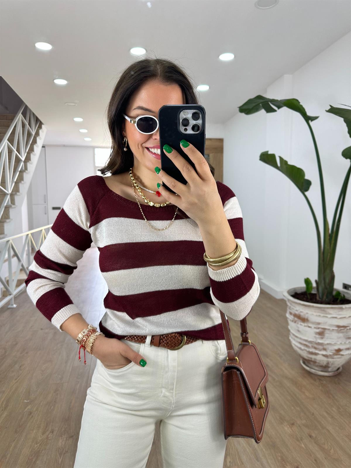 Kalın Çizgili Kayık Kaya Merserize Triko-Bordo