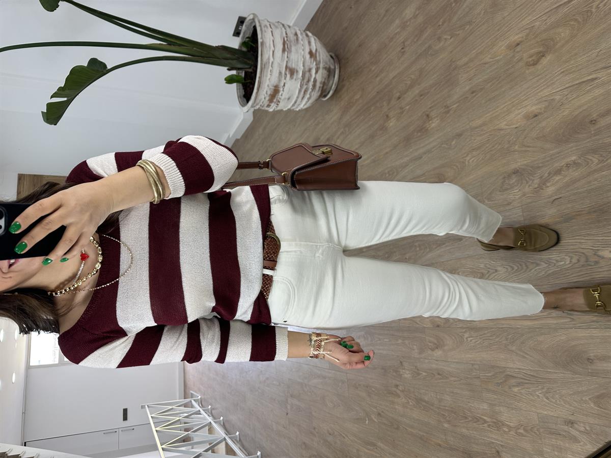 Kalın Çizgili Kayık Kaya Merserize Triko-Bordo