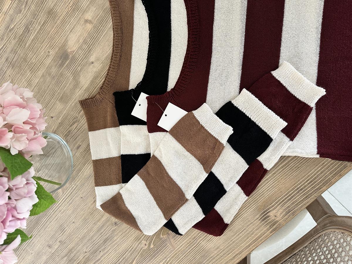 Kalın Çizgili Kayık Yaka Merserize Triko-Siyah