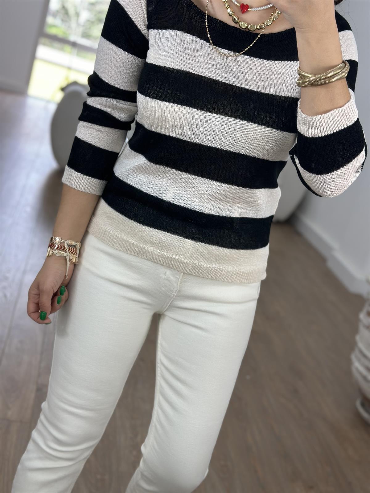 Kalın Çizgili Kayık Yaka Merserize Triko-Siyah